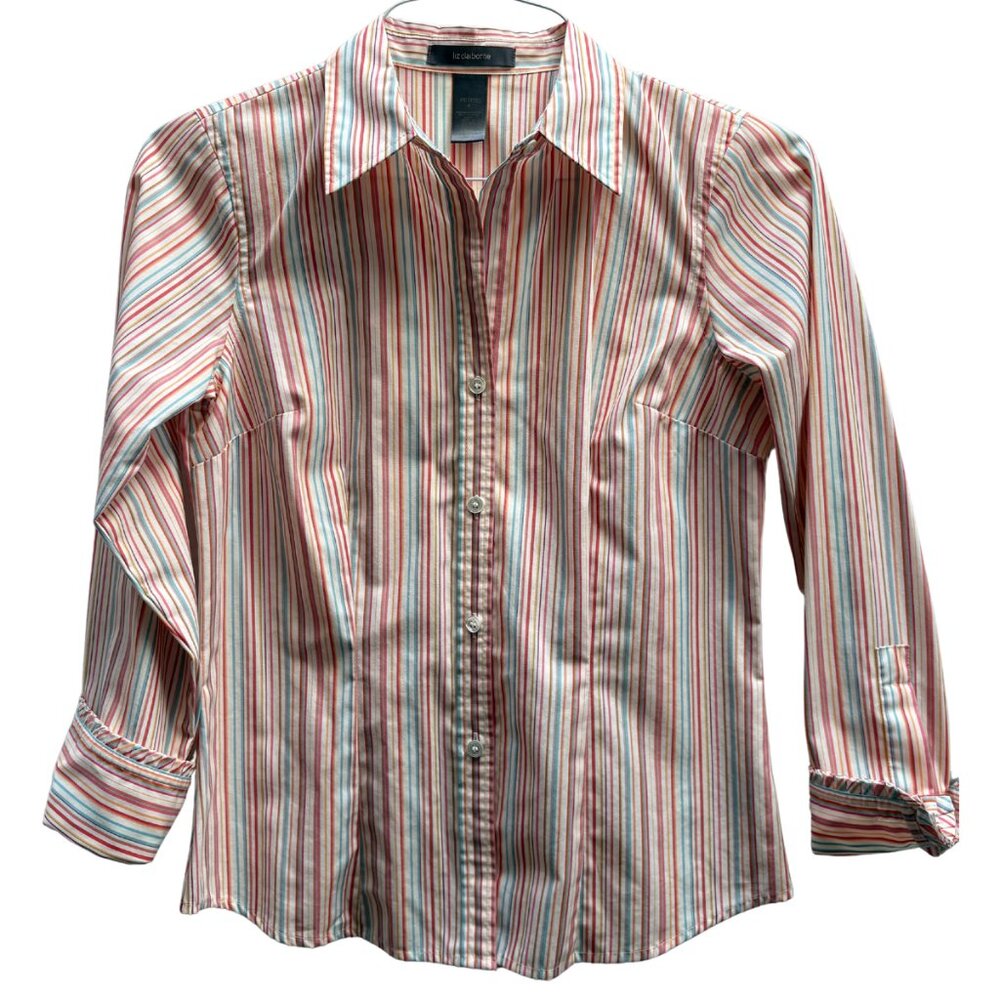 Liz Claiborne Striped Button-Down Shirt – Petite 4 – 100% Cotton – Excellent Con